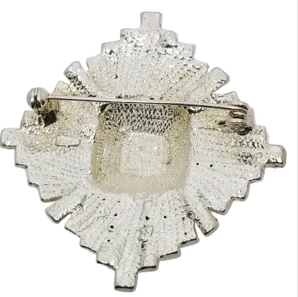 ROMAN CO. VINTAGE 1970s ART DECO REVIVAL STYLE SILVERTONE & CRYSTAL BROOCH - Picture 4 of 4